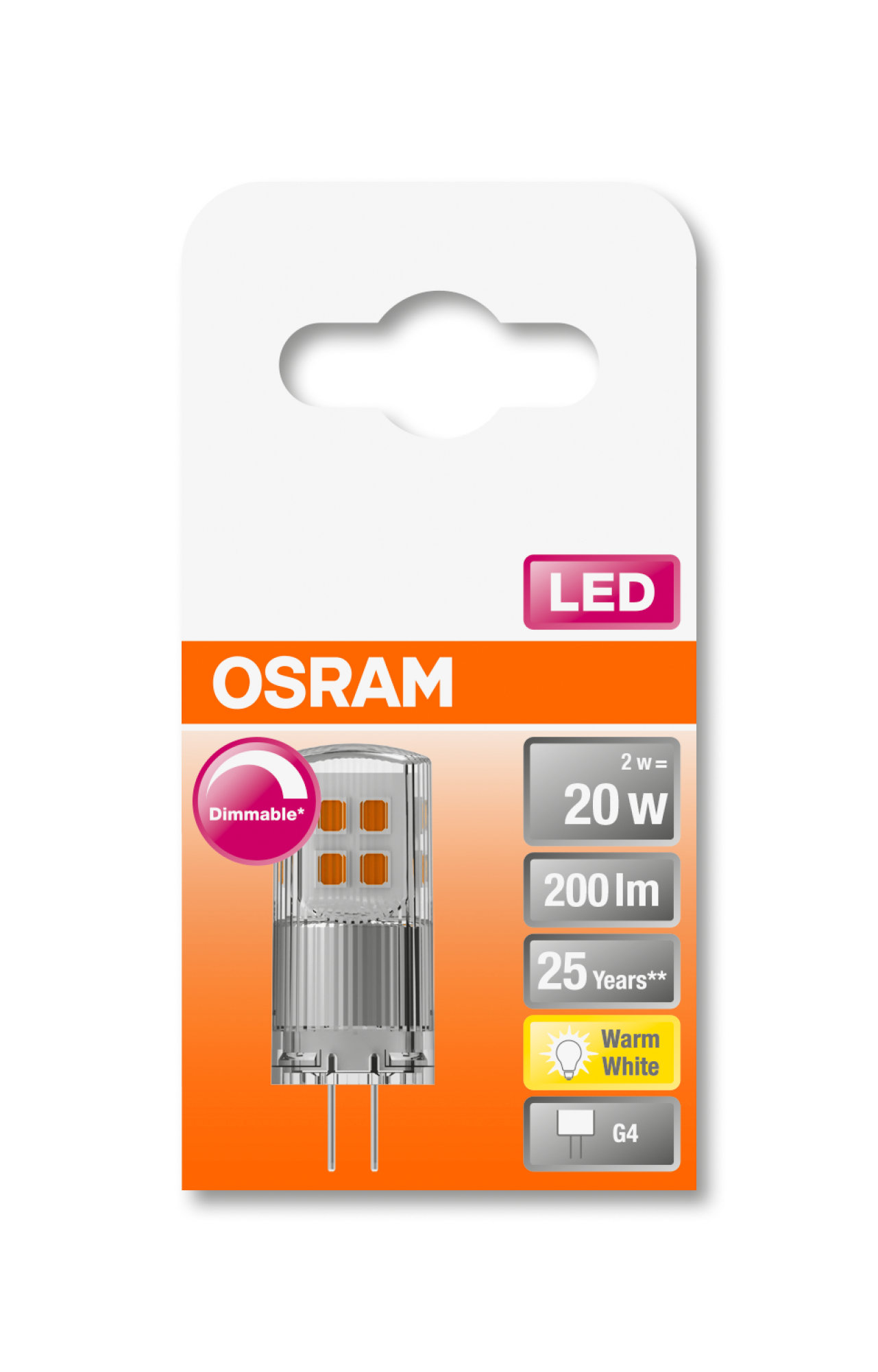 Bec Osram LED SUPERSTAR PIN 20 DIM clar 2W 827 G4 200lm 2700K