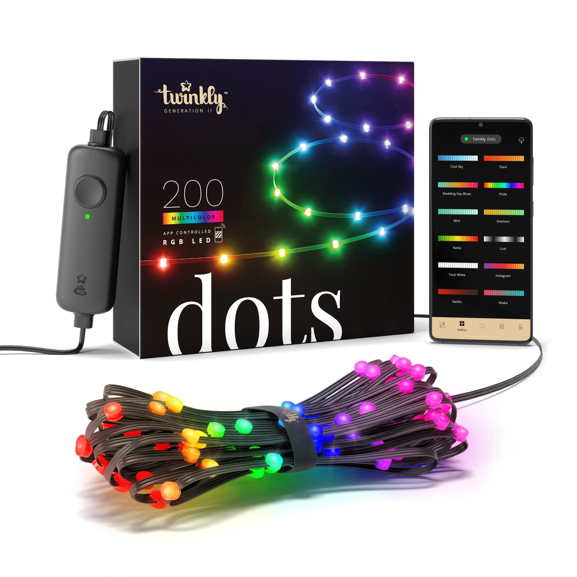 Twinkly Dots LED lumini de zână RGB app controlat 200 LED-uri 10m (2x 5m de ieșire de la controler) cablu negru