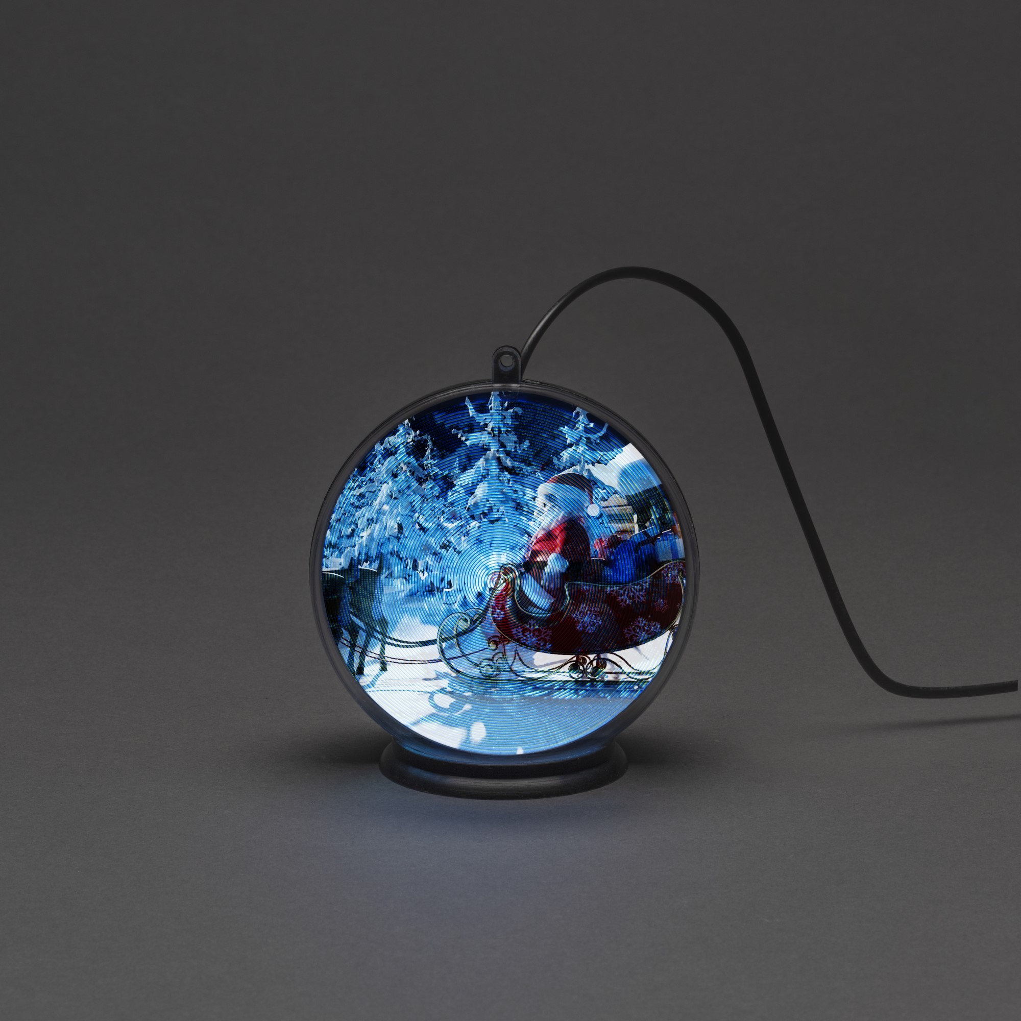 Decoratiune luminoasa Konstsmide Glob holografic cu LED-uri 3D, Moș Crăciun cu sanie, 42 de LED-uri, cronometru de 2 ore, 10cm