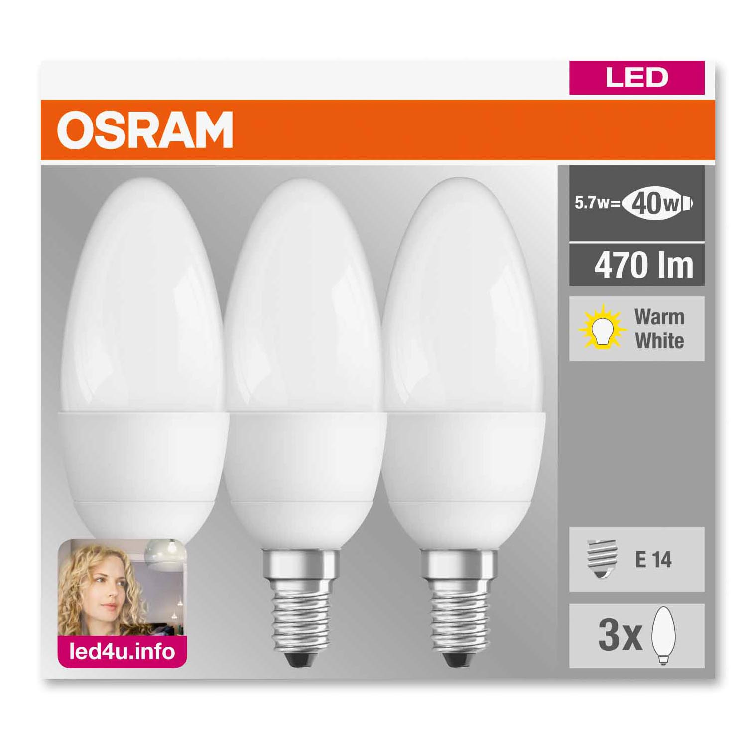 Bec LED Osram LED BASE CLB40 53W 827 FR E14 3er-Pack 2700K 470lm