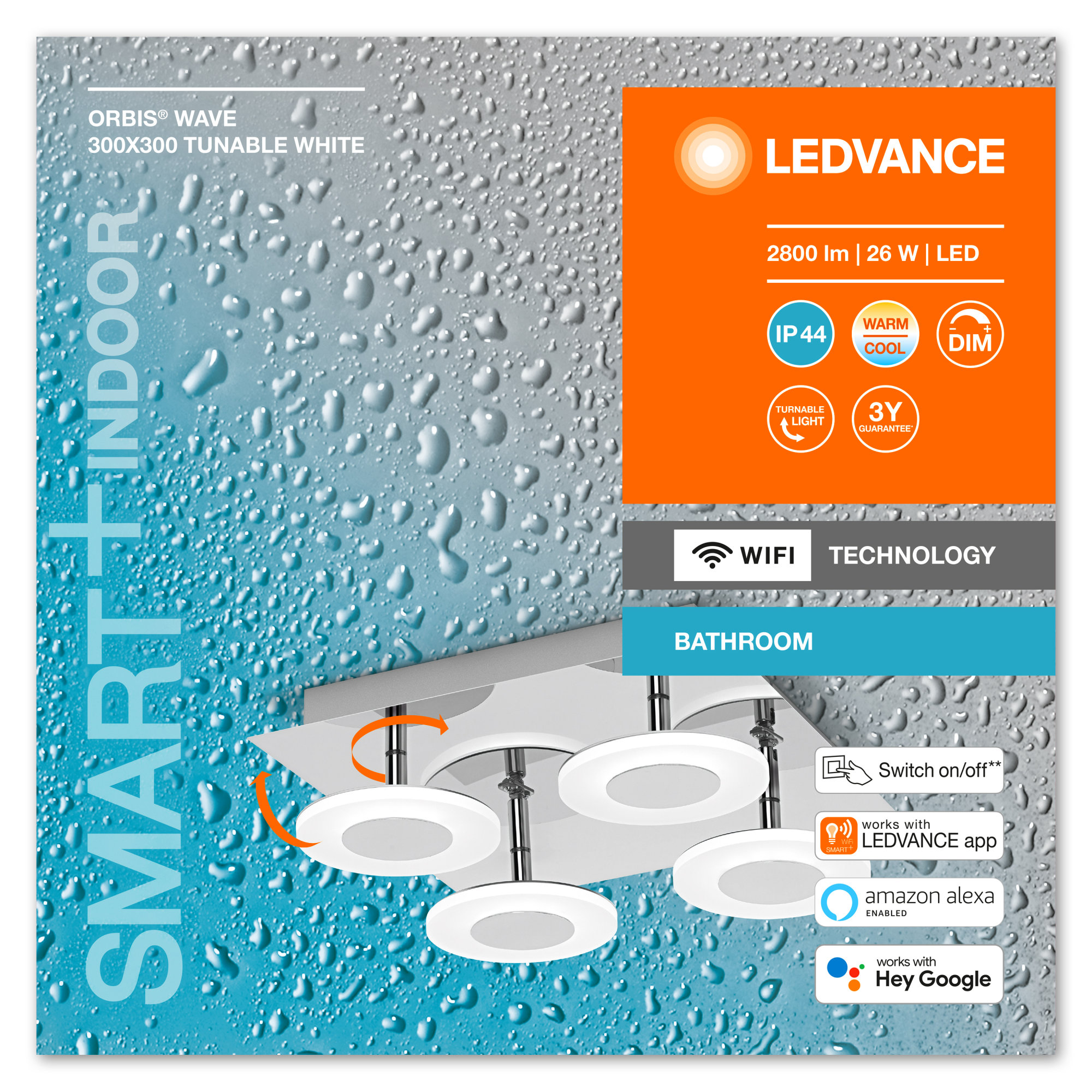 Lampa LED de tavan LEDVANCE SMART+ WiFi Tunable LED-uri Albe ORBIS Wave 300x300mm IP44 argintiu 2800lm