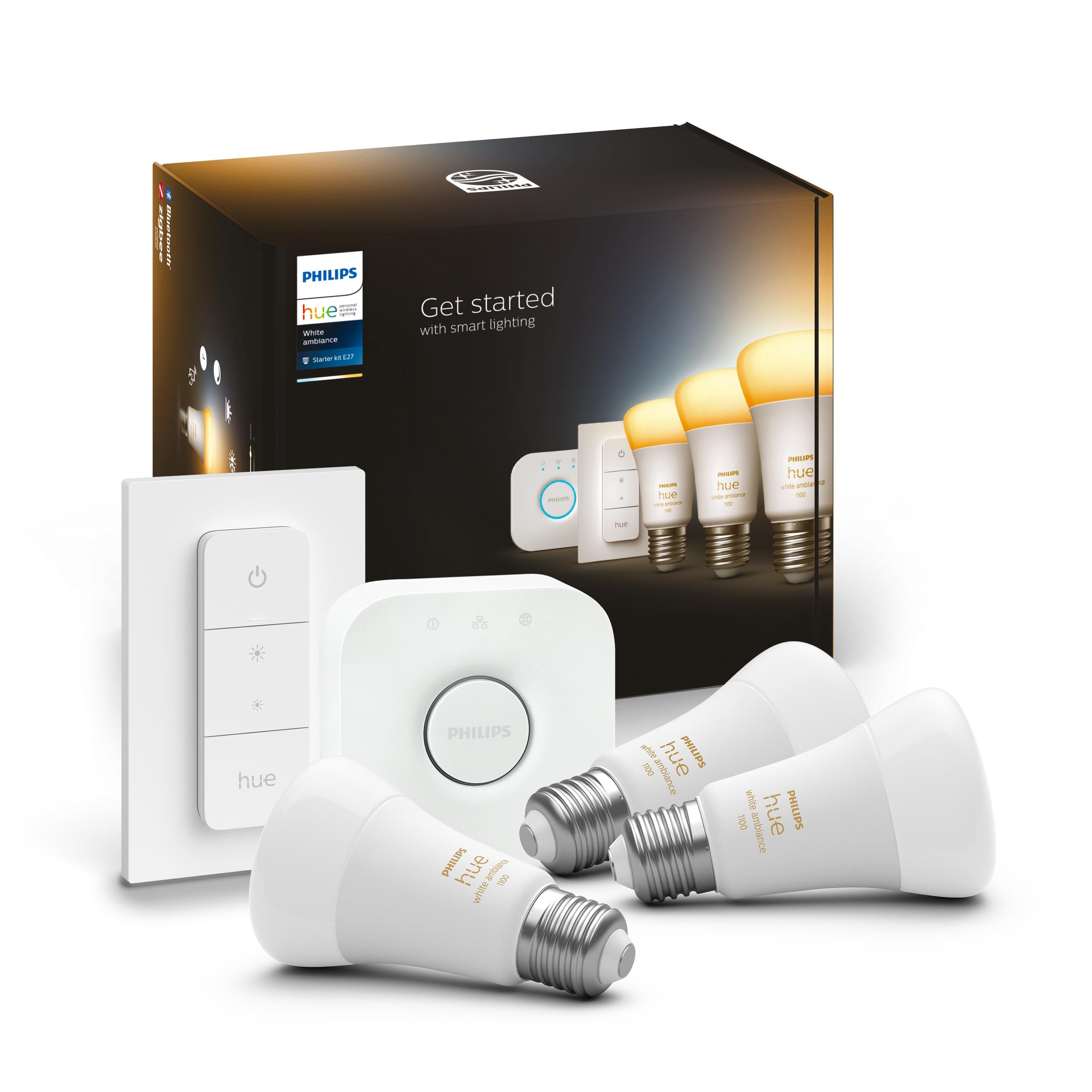 Bec LED Philips Hue alb Ambiance LED E27 Triple Starter Set cu button dimming 800lm