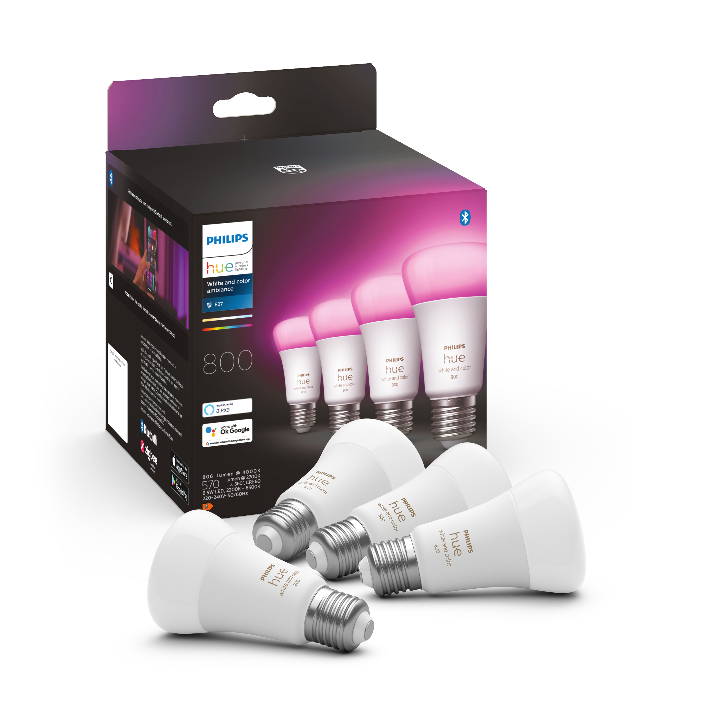 Bec LED Philips Hue alb and Color Ambiance LED E27 Pack of 4 4x570lm