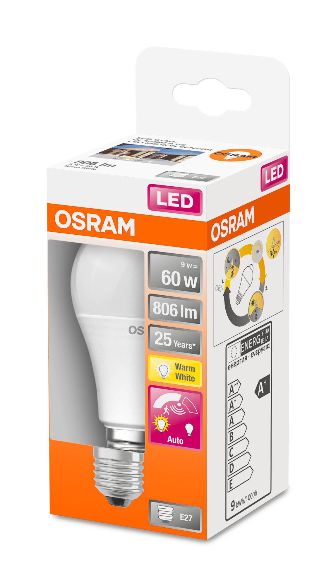 Bec Osram LED STAR+ CLA 60 senzor de mișcare FR non-dim 9W 827 E27 806lm 2700K