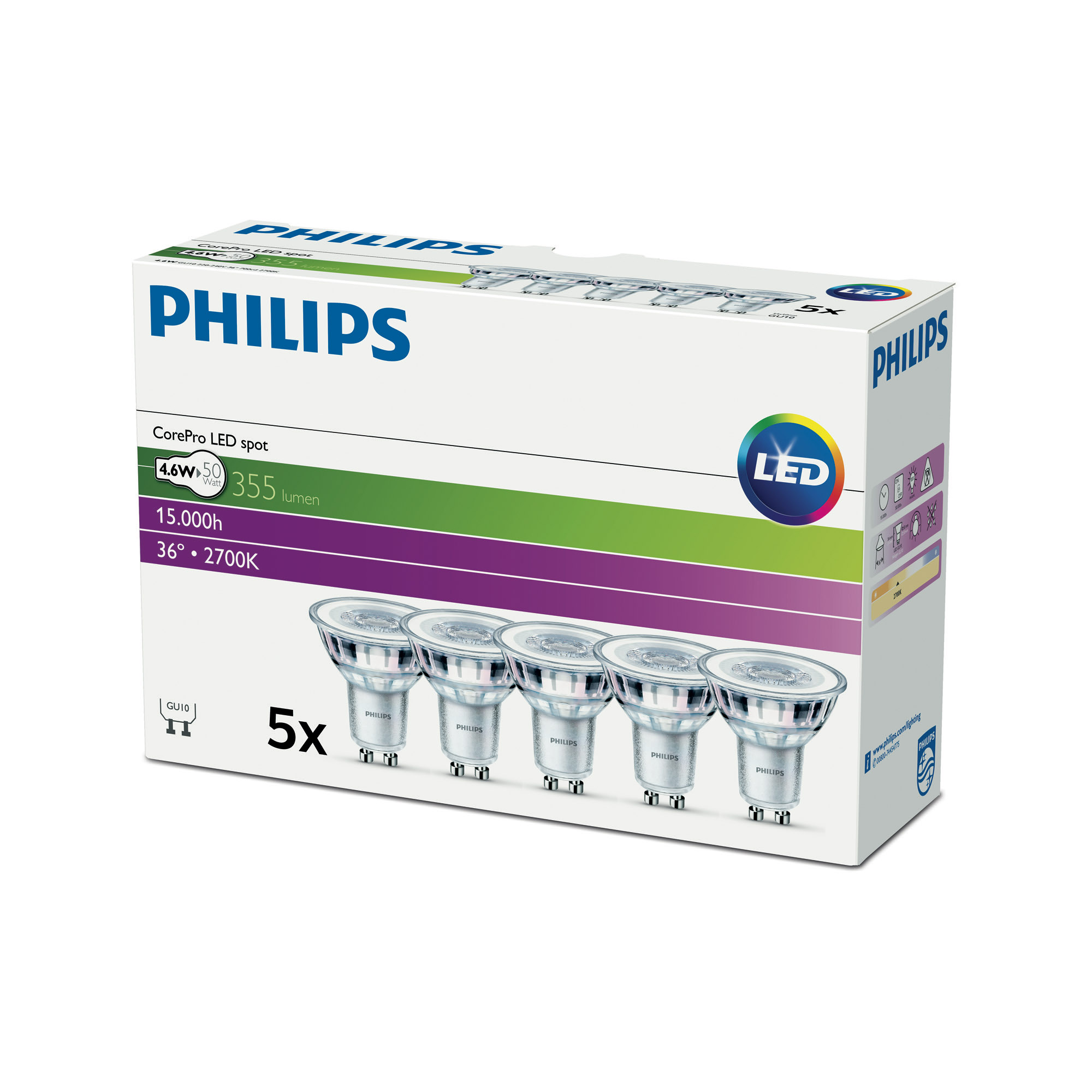 Spot Philips CorePro LEDspot 4,6-50W GU10 827 36° Multipack de 5 LED-uri 355lm 2700K