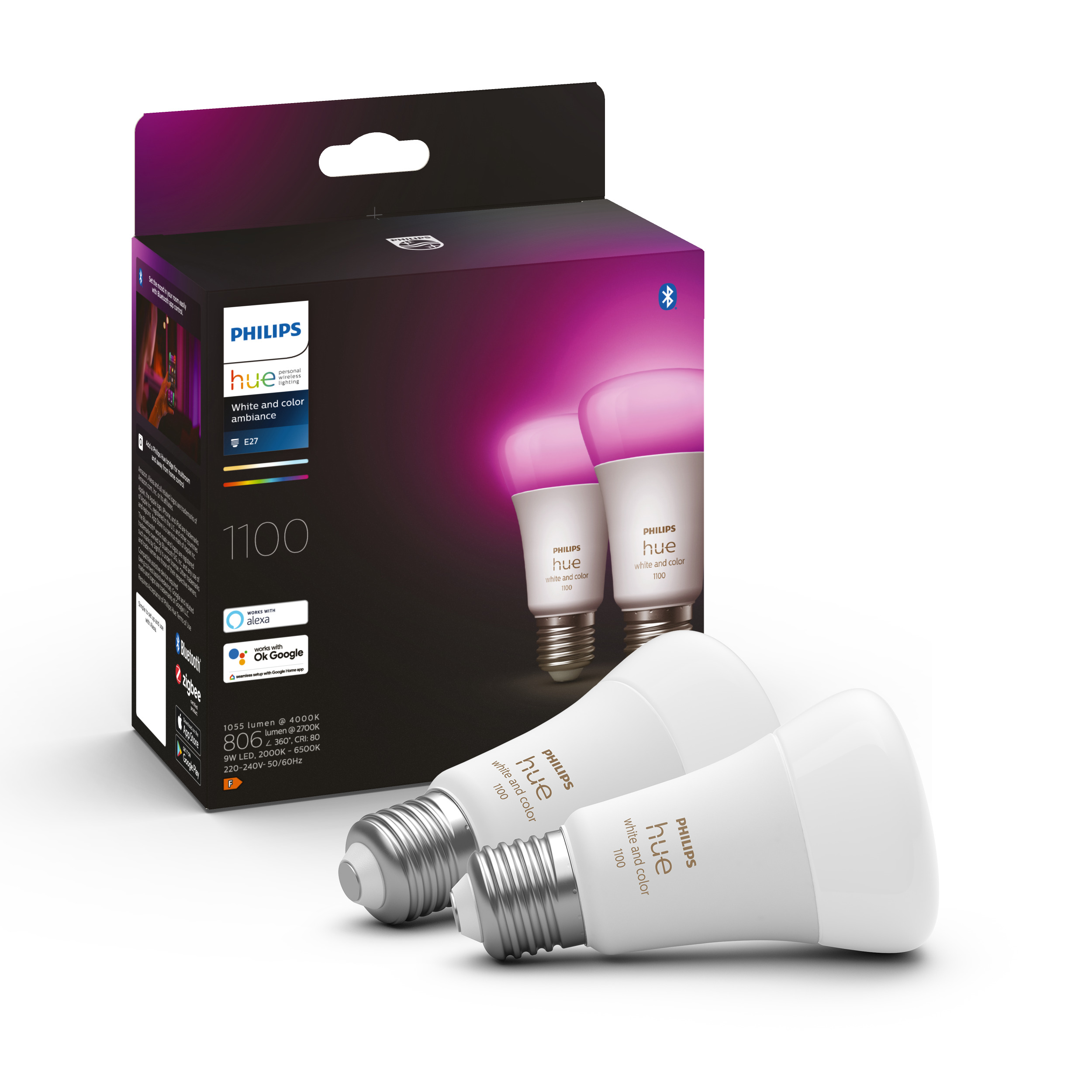 Bec LED Philips Hue alb and Color Ambiance LED E27 Double Pack 2x 800lm