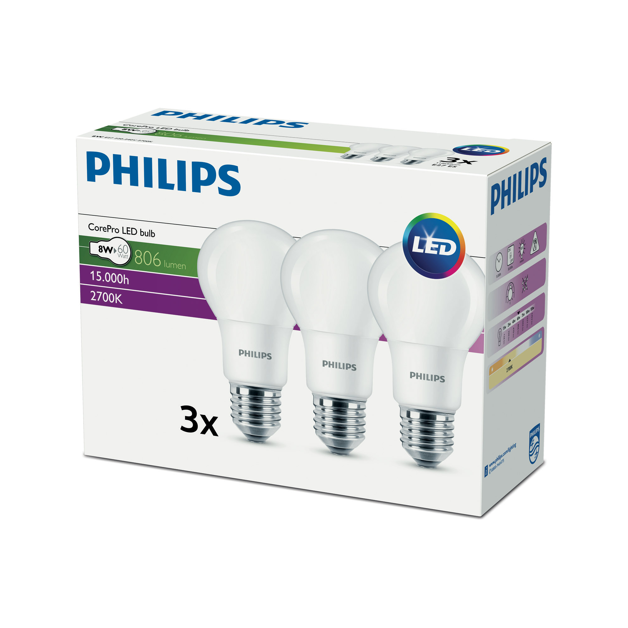 Bec Philips CorePro LED 8-60W A60 E27 827 Multipack de 3 becuri LED 806lm 2700K