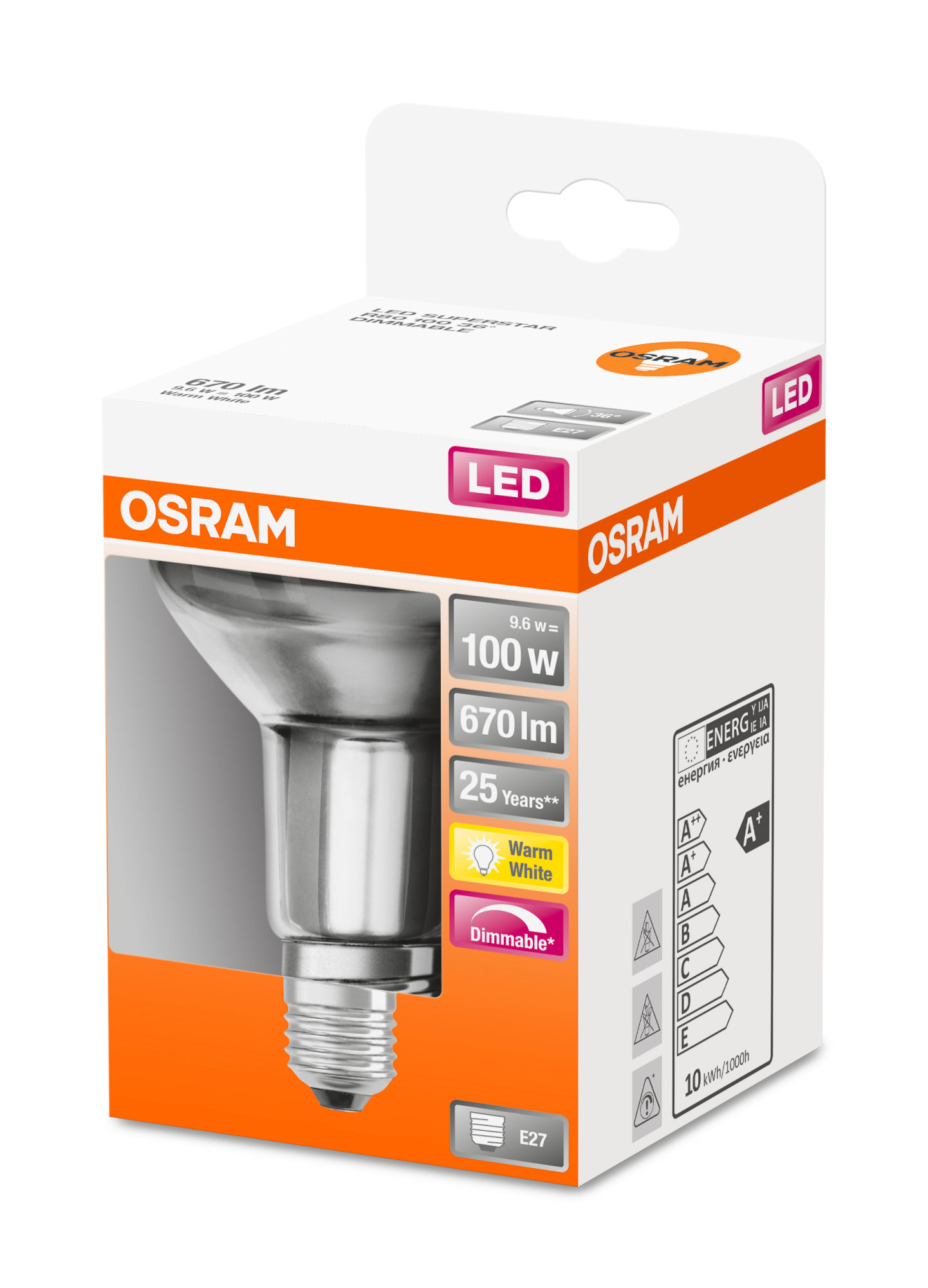 Bec Osram LED SUPERSTAR R80 100 DIM 36° 9,6W 827 E27 670lm 2700K