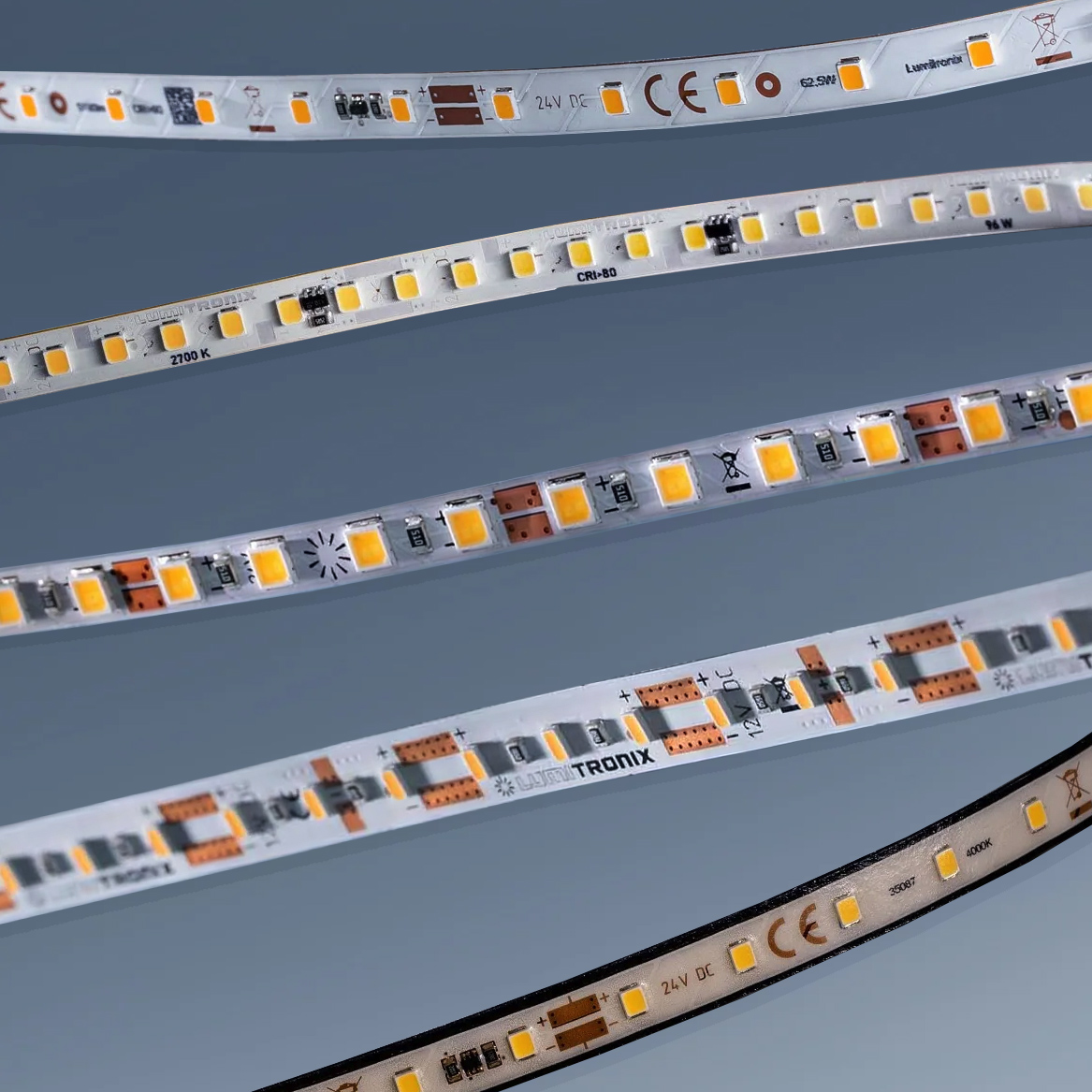 Bandă flexibilă LumiFlex cu LED-uri albe Nichia/Cree/Samsung/Seoul pe comanda, fabricata în Germania, 12/24/48V, până la 50m lungime și 5-20mm lățime