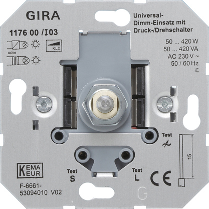 Dimmer rotativ 230V Gira incastrabil set cu rama alba si buton rotativ pentru controlul becurilor LED dimmable 50-420W