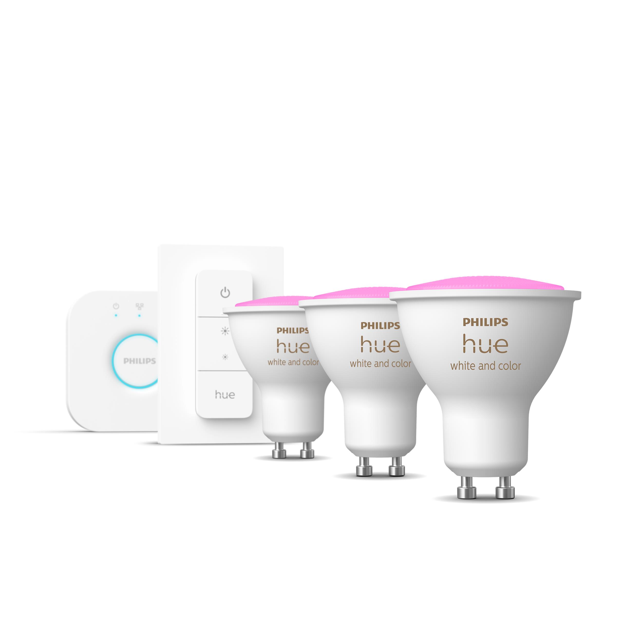 Bec LED Spot Philips Hue alb and Color Ambiance LED GU10 Triple Starter Kit cu button dimming 350lm