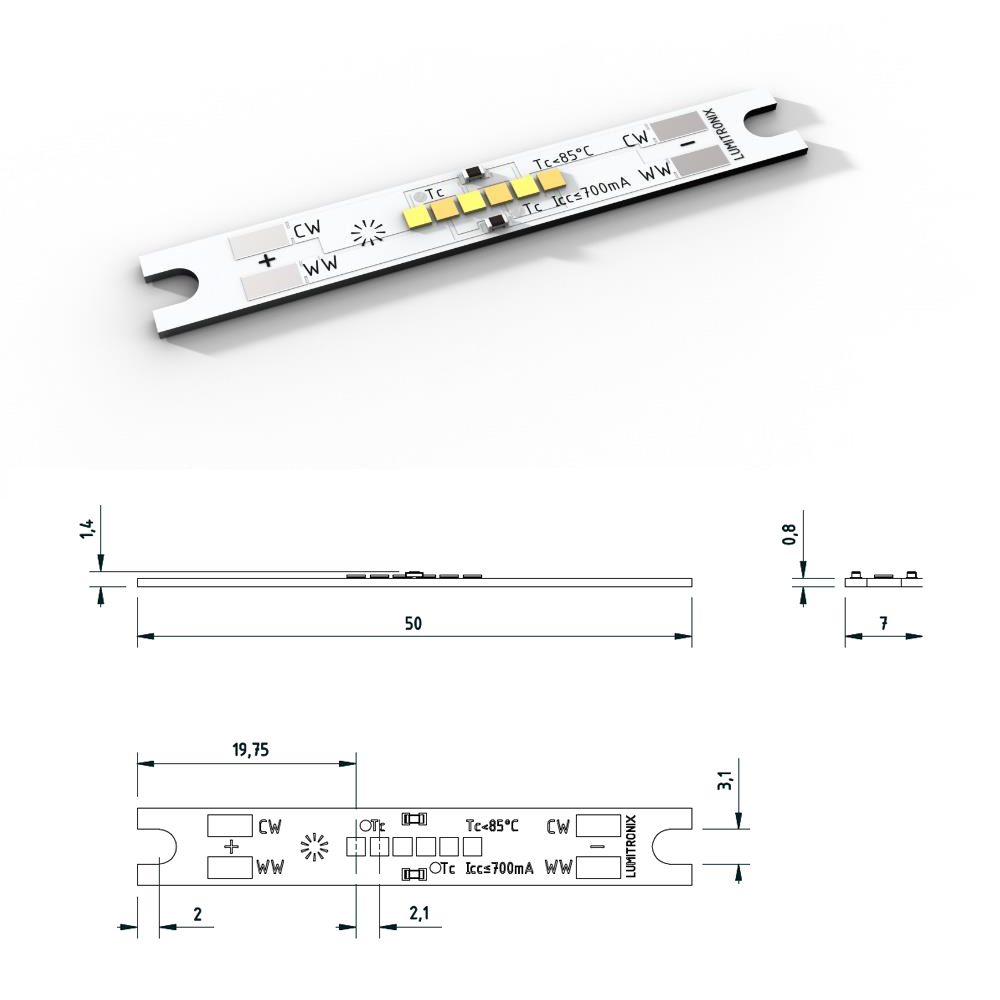 SmartArray-L6-TW Modul LED Nichia CSP configurabil cu 2 canale, TW Dynasolis Two Color 6 LED-uri 50x7mmFabricat in Germania (până la 675lm)