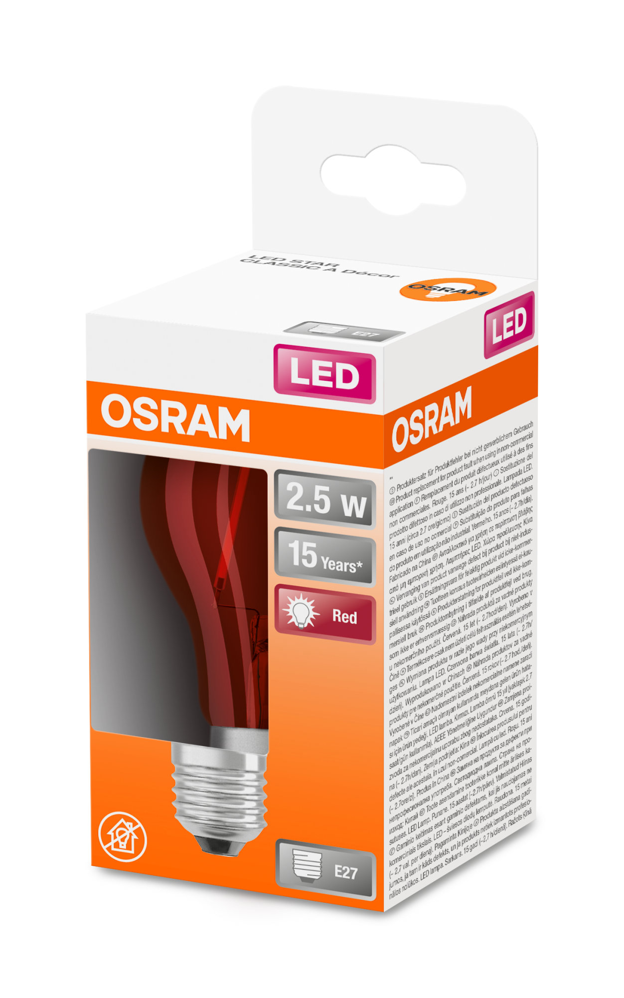 Bec Osram LED SUPERSTAR CLA 15 DécorRed non-dim 2,5W 827 E27 136lm 2700K