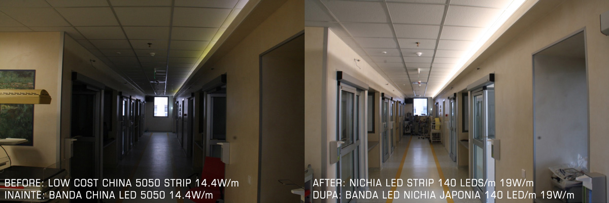 Diferenta de sortare intre LED-uri pe banda LED: stanga (fara sortare), dreapta (sortare 3-step)